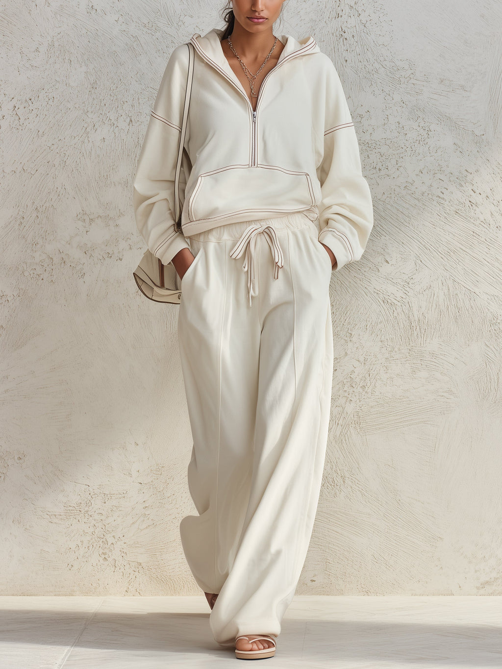 Contrast Stitch 2 Piece Loungewear Set Half Zip Hoodie & Wide Leg Sweatpants Quiet Luxury Fall Outfit