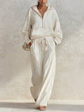 Contrast Stitch 2 Piece Loungewear Set Half Zip Hoodie & Wide Leg Sweatpants Quiet Luxury Fall Outfit