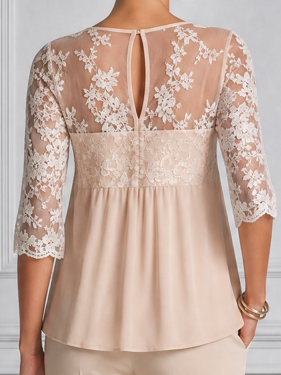 Ivory Lace Chiffon Empire Waist Blouse