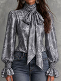 Retro Grey Damask Print Satin Bow Neck Shirred Cuff Ruffle Blouse