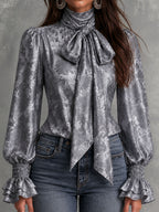 Retro Grey Damask Print Satin Bow Neck Shirred Cuff Ruffle Blouse