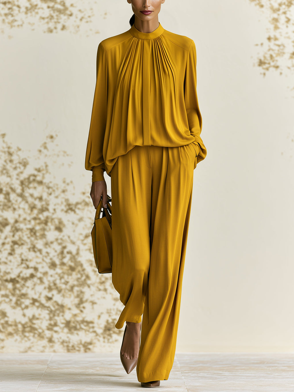 Elegant Women's Two-Piece Set – Pleated High-Neck Top And Wide-Leg Trousers