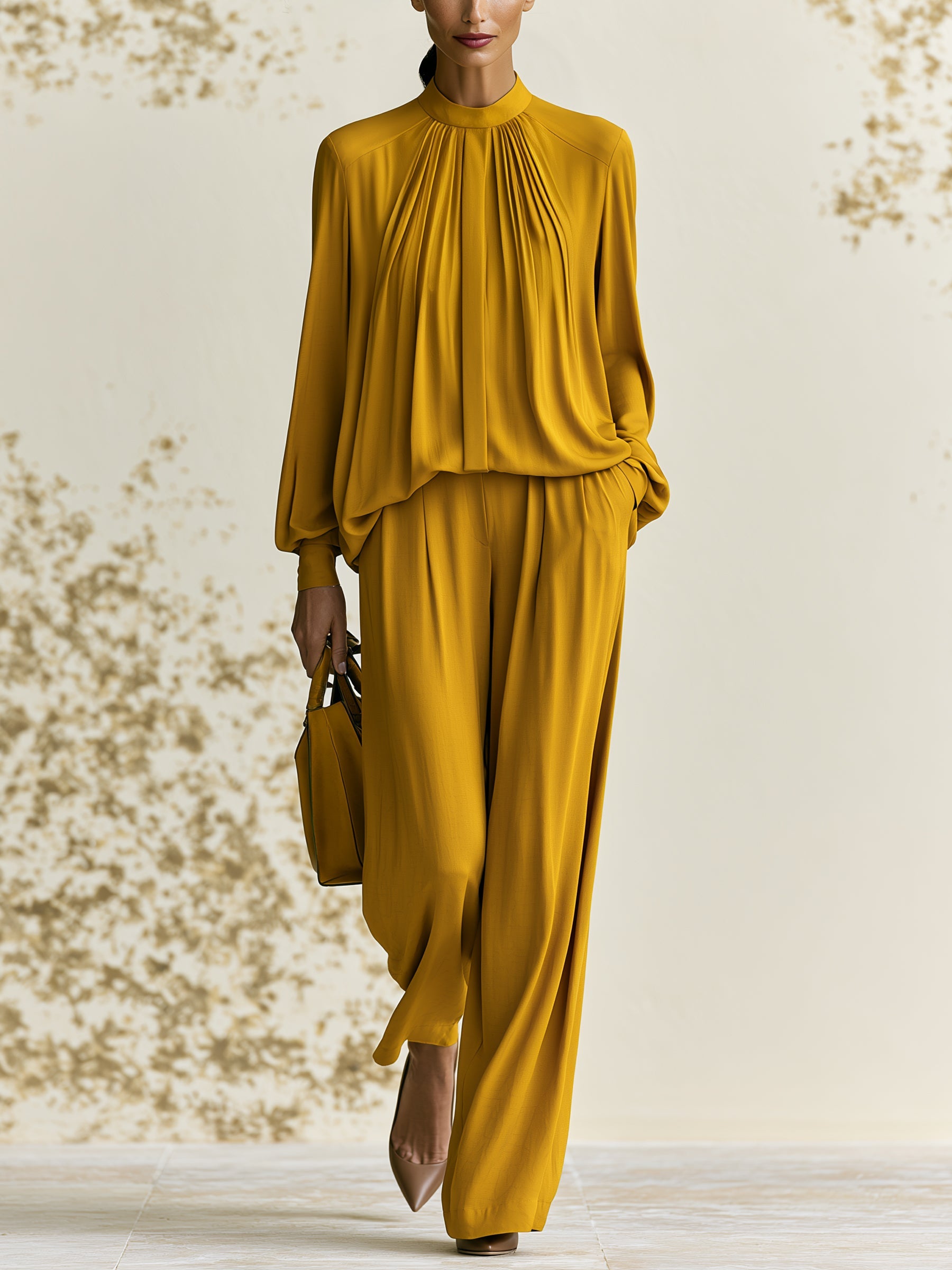 Elegant Women's Two-Piece Set – Pleated High-Neck Top And Wide-Leg Trousers