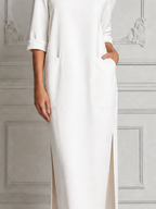 White Dress Stockholm Style Patch Pocket Slit Midi Dress