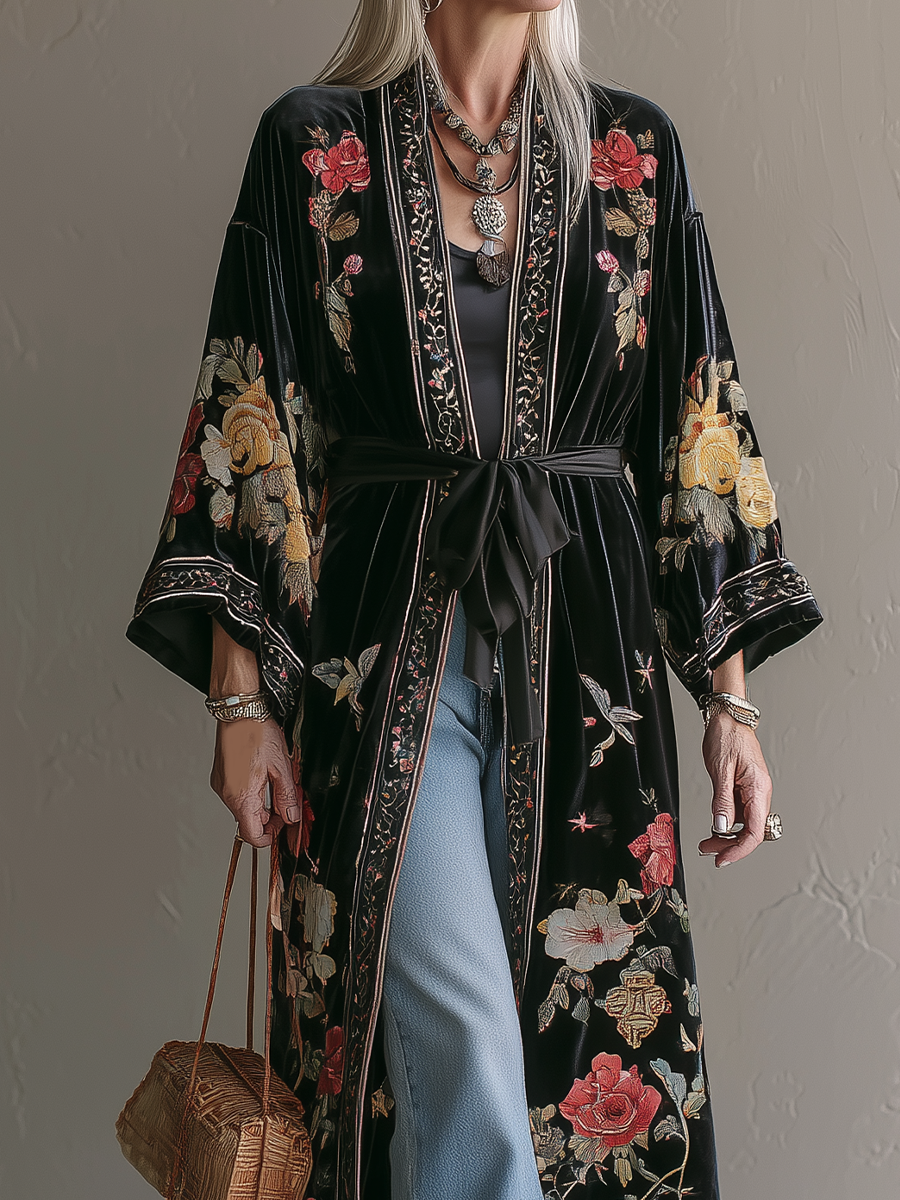 Boho Luxe Belted Velvet Floral Duster Cardigan