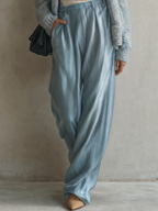 Relaxed Minimal Blue Cardigan & Satin Palazzo Pants Outfit