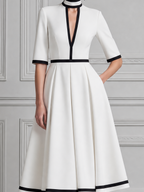 White Dress Contrast Trim Pleated A-Line Midi Dress