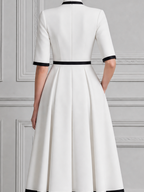 White Dress Contrast Trim Pleated A-Line Midi Dress
