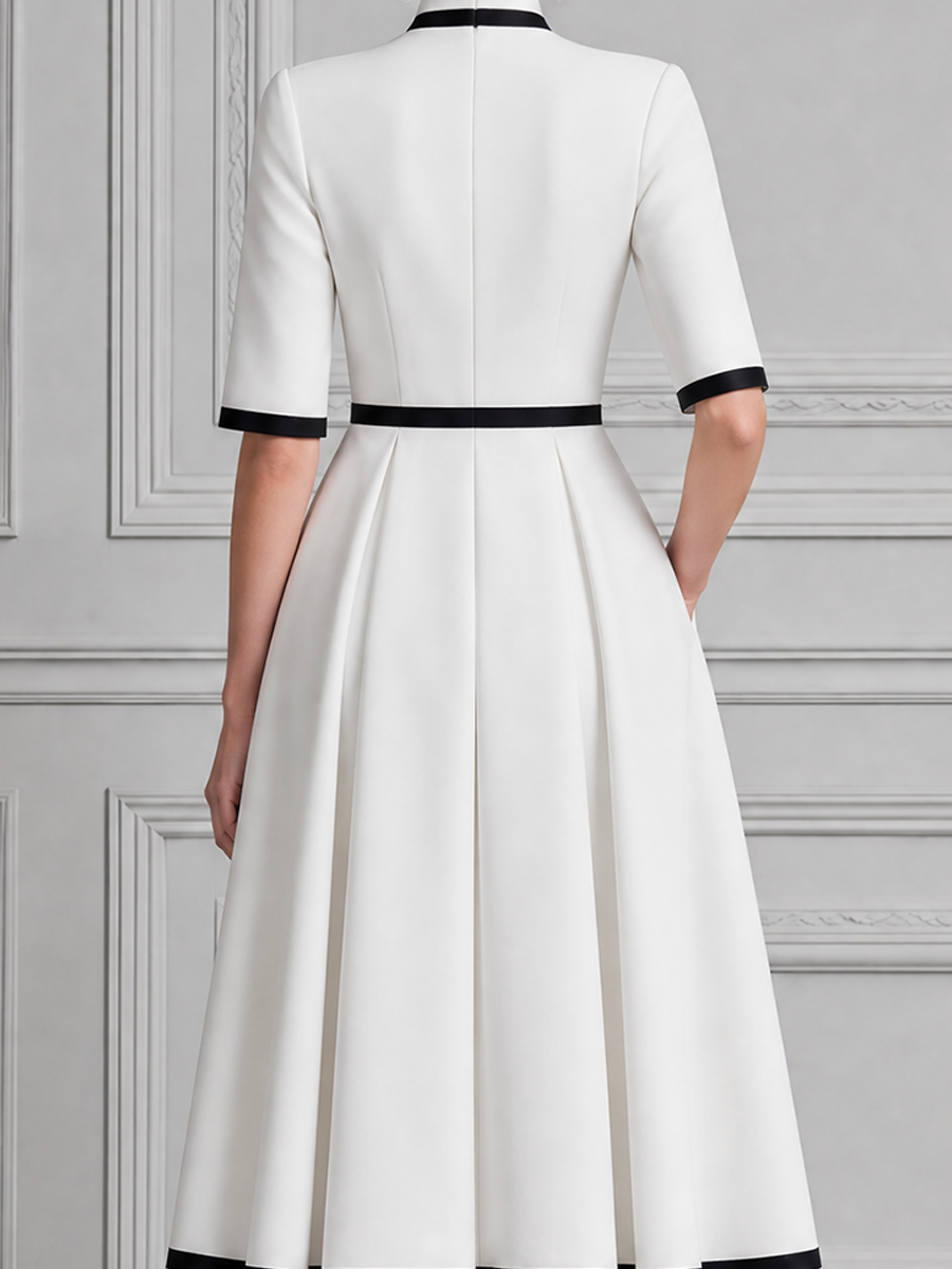White Dress Contrast Trim Pleated A-Line Midi Dress