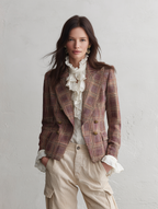 Effortless Chic Textured Tweed Fitted Peaked-Lapel Brown & Pink Plaid Blazer