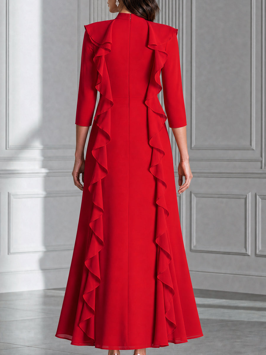 Elegant Ruffle Trim High Neck Fit And Flare Maxi Dress
