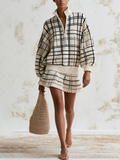 Quarter Zip Puff Sleeve Grid Knit Sweater & Pleated Mini Skirt Matching Two Piece Outfit