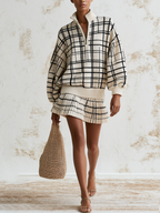 Quarter Zip Puff Sleeve Grid Knit Sweater & Pleated Mini Skirt Matching Two Piece Outfit