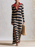 Contrast Red Collar Striped Knit Maxi Dress, Long Sleeve Side Slit Bodycon Polo Midi Dress For Resort & Casual Outings