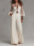 Boho Keyhole Cutout Sheer Puff Long Sleeve Wide Leg Jumpsuit