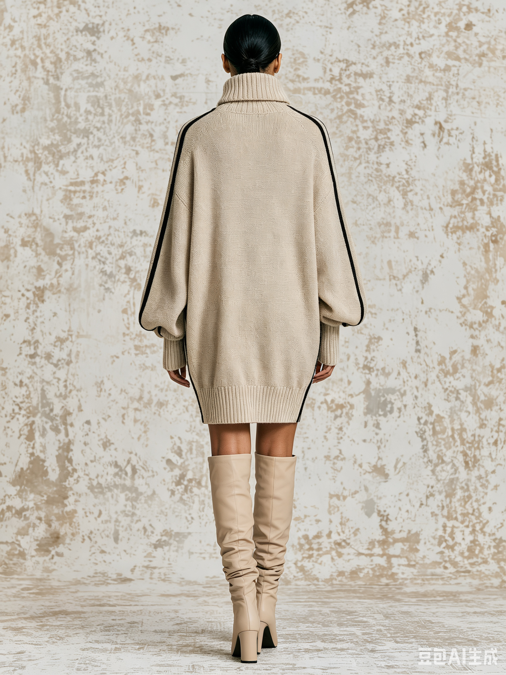 Oversized Turtleneck Knit Sweater Dress With Side Stripe Detail