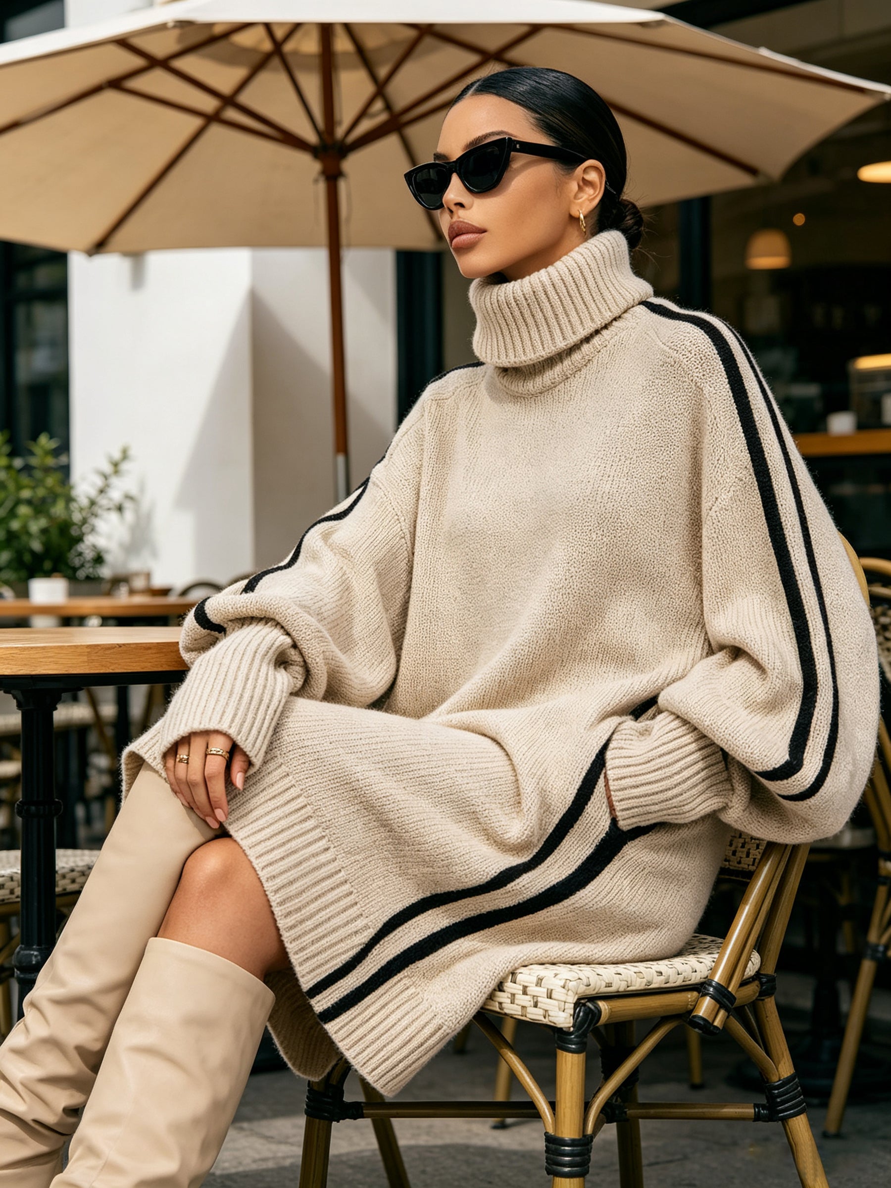 Oversized Turtleneck Knit Sweater Dress With Side Stripe Detail