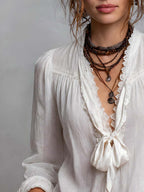 Vintage Lace-trimmed Tie-neck Cotton-linen Blouse