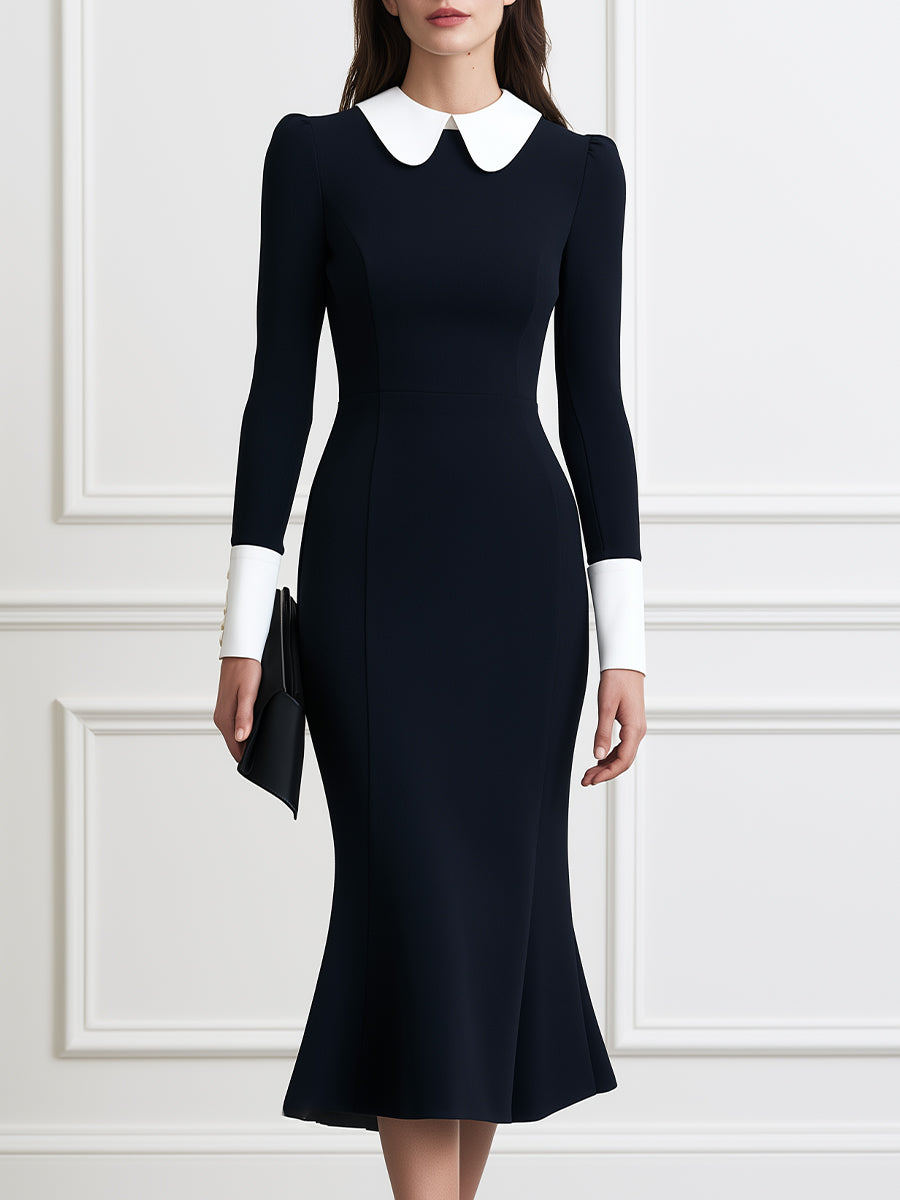 Contrast Peter Pan Collar Long Sleeve Fishtail Midi Dress