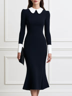 Contrast Peter Pan Collar Long Sleeve Fishtail Midi Dress