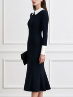 Contrast Peter Pan Collar Long Sleeve Fishtail Midi Dress