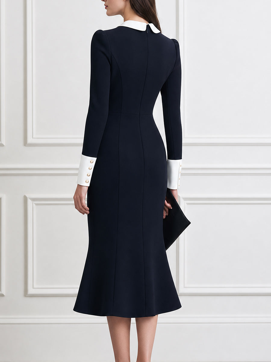 Contrast Peter Pan Collar Long Sleeve Fishtail Midi Dress