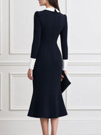 Contrast Peter Pan Collar Long Sleeve Fishtail Midi Dress