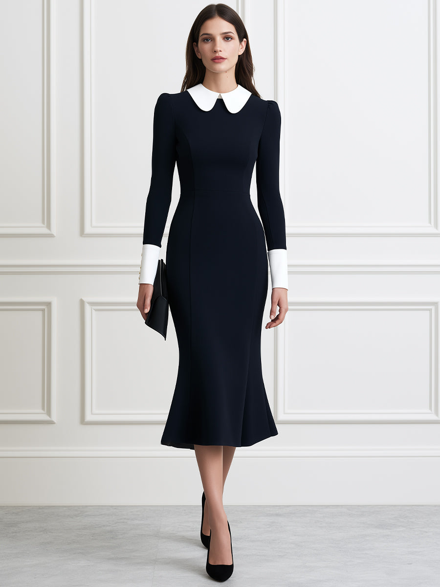 Contrast Peter Pan Collar Long Sleeve Fishtail Midi Dress