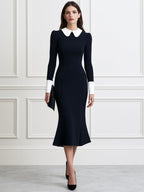 Contrast Peter Pan Collar Long Sleeve Fishtail Midi Dress