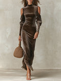 Boho-chic Mock Collar Cut-out Shoulders Slim-fit Maxi Dress