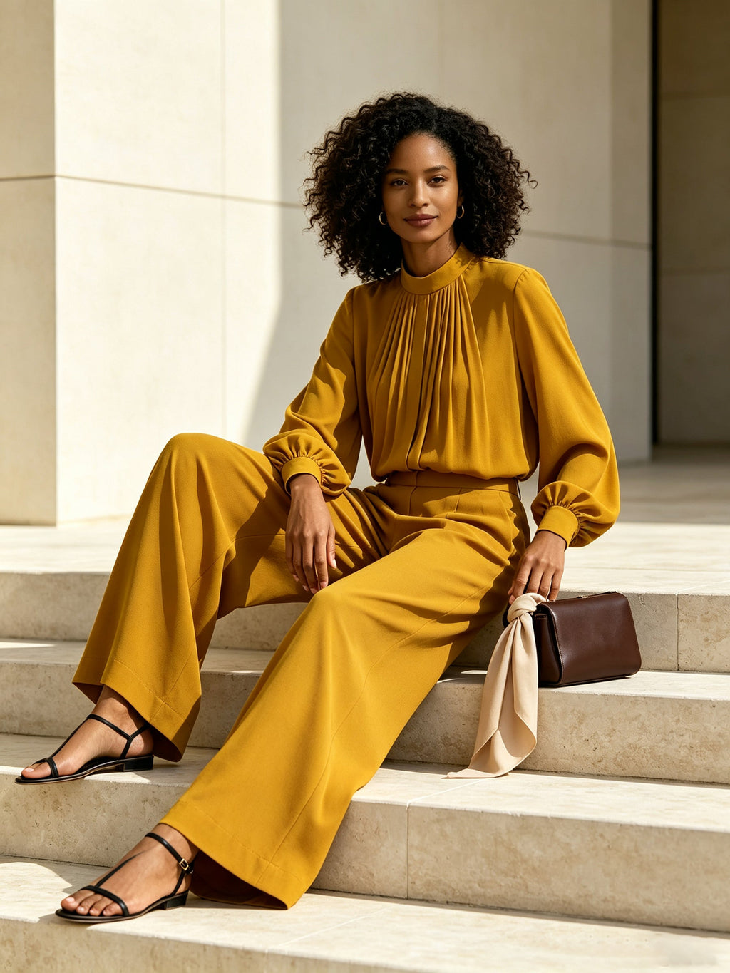 Elegant Women's Two-Piece Set – Pleated High-Neck Top And Wide-Leg Trousers