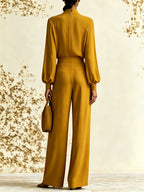 Elegant Women's Two-Piece Set – Pleated High-Neck Top And Wide-Leg Trousers