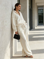 Contrast Stitch 2 Piece Loungewear Set Half Zip Hoodie & Wide Leg Sweatpants Quiet Luxury Fall Outfit