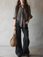 Effortless Chic Chiffon Micro-Check Tie-Front Black & White Blouse