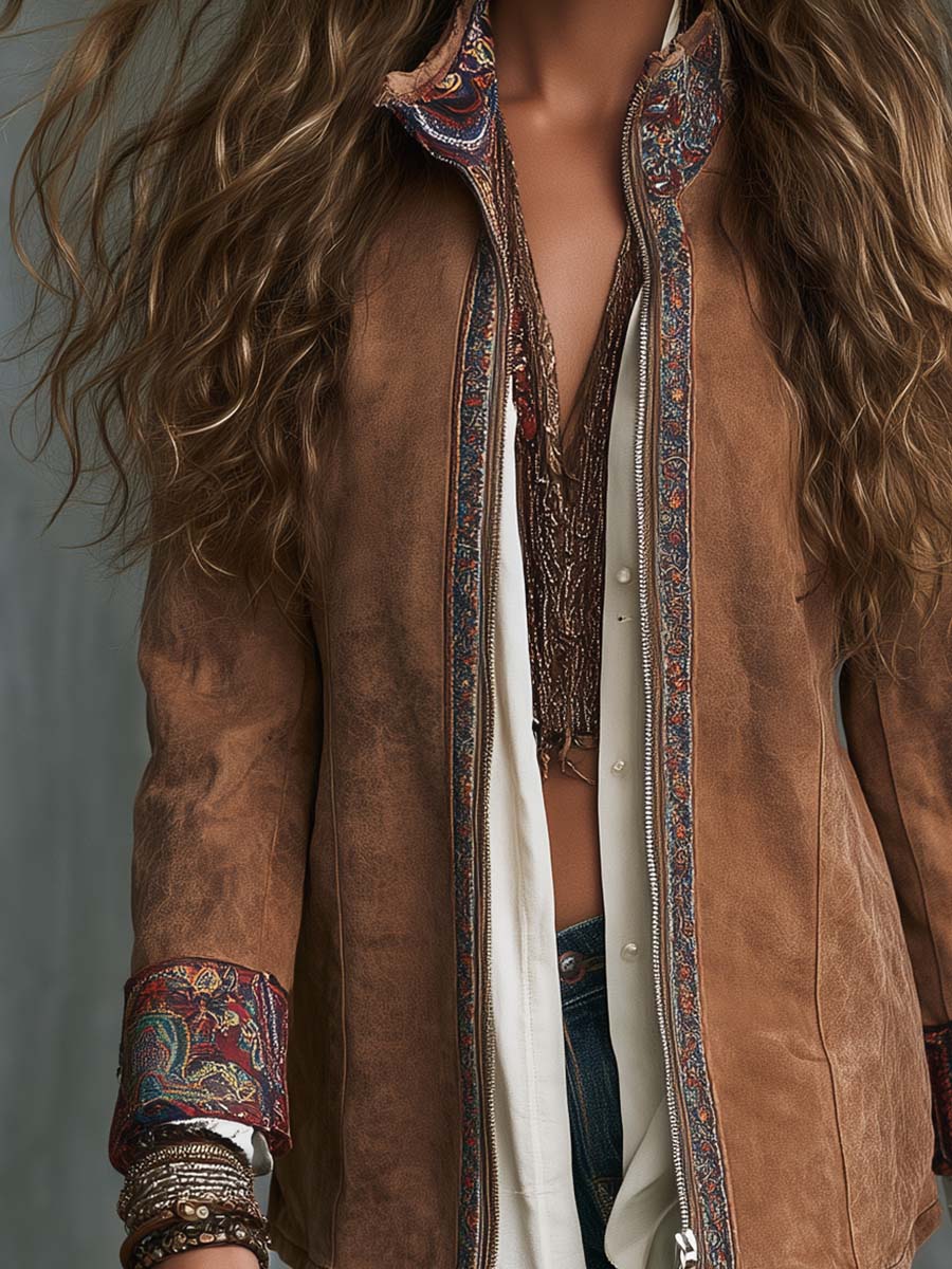 Boho Camel Faux Zip-Up Paisley Trim Jacket