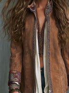 Boho Camel Faux Zip-Up Paisley Trim Jacket