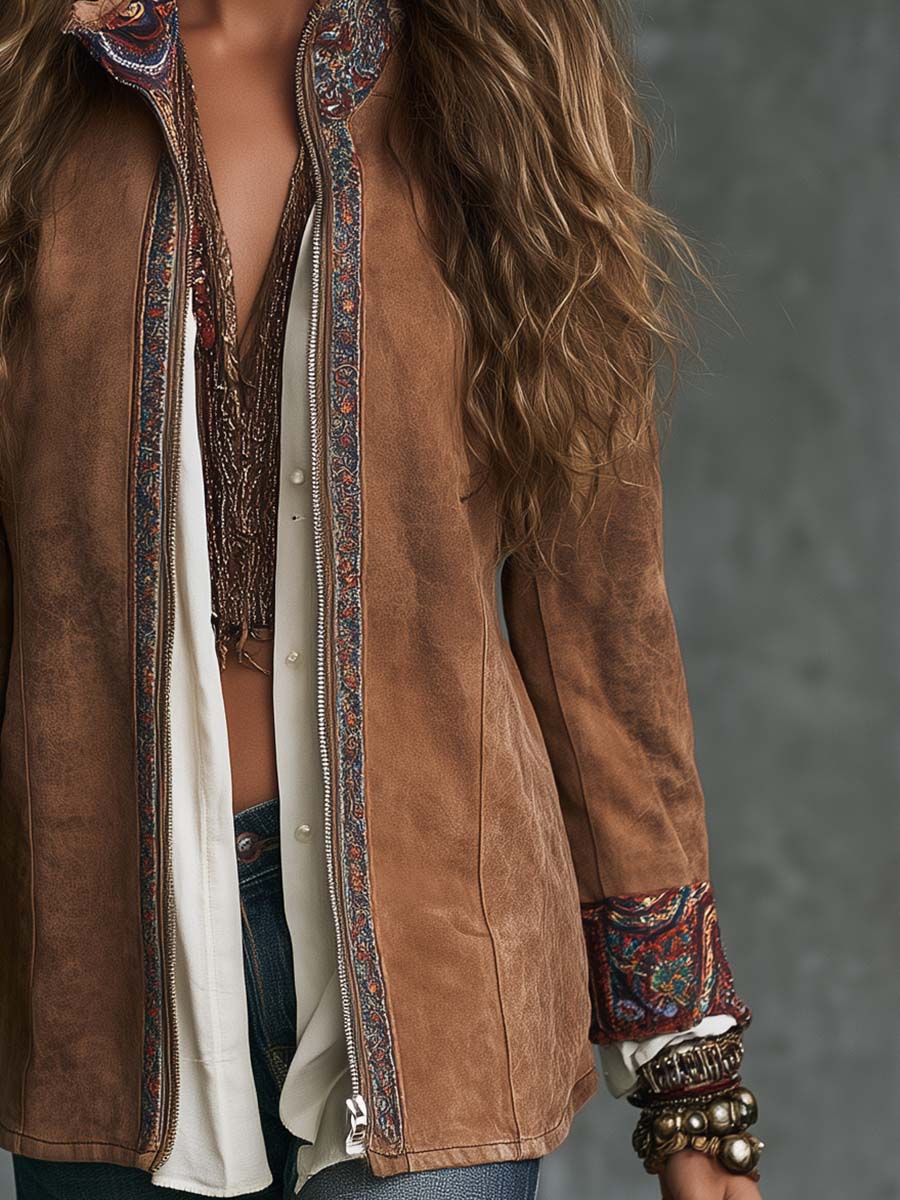 Boho Camel Faux Zip-Up Paisley Trim Jacket
