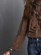 Boho Paisley Cold Shoulder Ruffle Neck Blouse