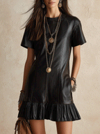 Women's Faux Leather Short Sleeve Ruffle Hem Shift Mini Dress
