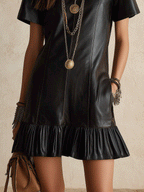 Women's Faux Leather Short Sleeve Ruffle Hem Shift Mini Dress