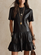 Women's Faux Leather Tiered Ruffle Hem Short Sleeve Mini Dress