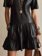 Women's Faux Leather Tiered Ruffle Hem Short Sleeve Mini Dress