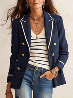 Effortless Chic Linen-Blend Notch-Lapel Gold-Button Navy Tailored Blazer
