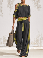 Lime Trim Cold Shoulder Crop Top & Wide Leg Pant Matching Two Piece Casual Set