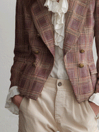 Effortless Chic Textured Tweed Fitted Peaked-Lapel Brown & Pink Plaid Blazer