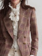 Effortless Chic Textured Tweed Fitted Peaked-Lapel Brown & Pink Plaid Blazer