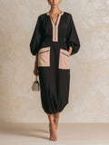 Women’s Black Nude Color Block Midi Dress, Front Zip Long Sleeve Elastic Waist Patch Pocket Casual Luxury Dress