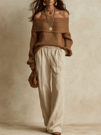 Cozy Autumn Chunky-Knit Drop-Shoulder Slouchy Brown Pullover Sweater
