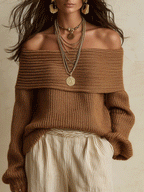 Cozy Autumn Chunky-Knit Drop-Shoulder Slouchy Brown Pullover Sweater