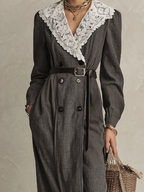Elegant Charcoal Lace Collar Double-Breasted Maxi Dress
